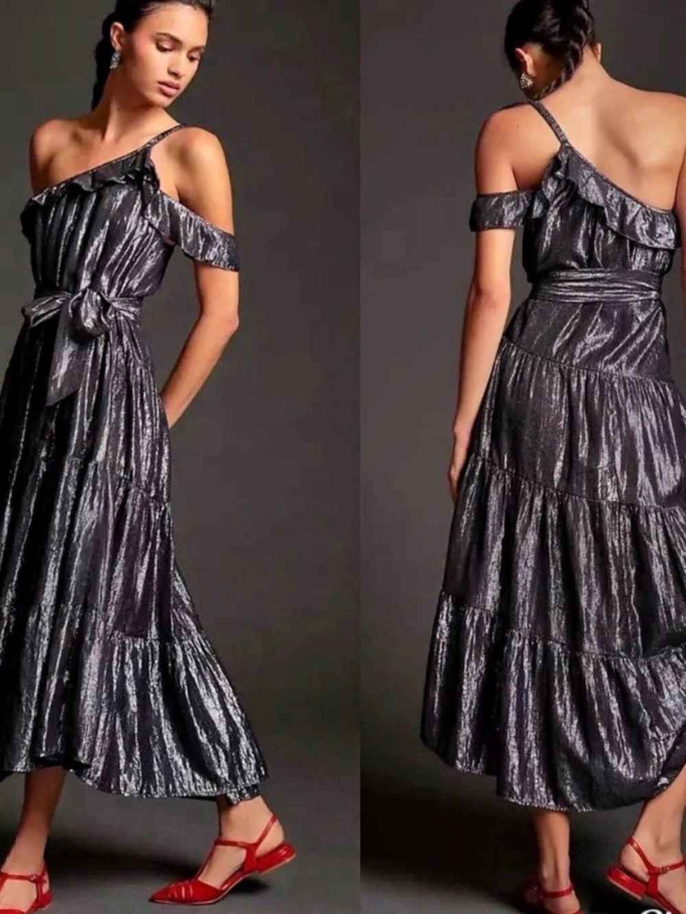 Maeve Metallic Ruffle Dress in Black